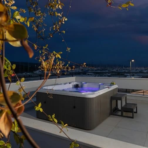 Aerial view of villa and coastline